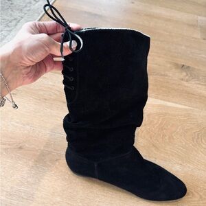NWOB White Mountain Mid Calf Black Suede Lace Up Boots, Size 7.5
